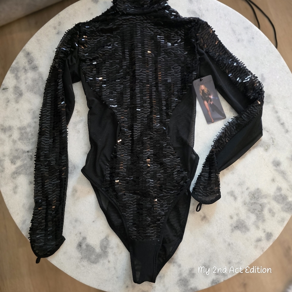 NWT Adore by Allure Coco Sequin Sheer Mesh Bodysuit Black Long Sleeve